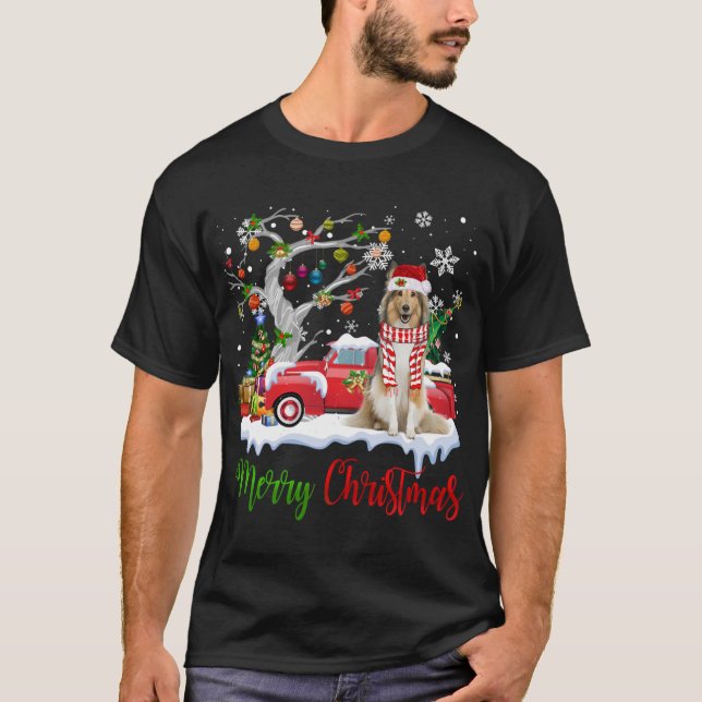 Red Truck Merry Christmas Tree Shetland Sheepdog P T-Shirt (Front)