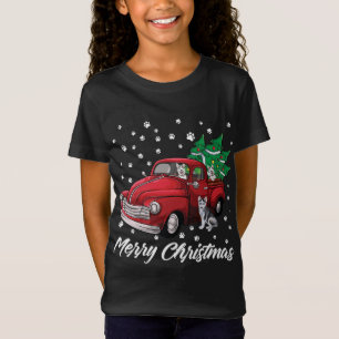 Red Truck Merry Christmas Tree Siberian Husky Dog  T-Shirt