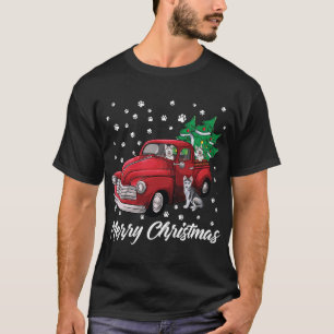Red Truck Merry Christmas Tree Siberian Husky Dog T-Shirt