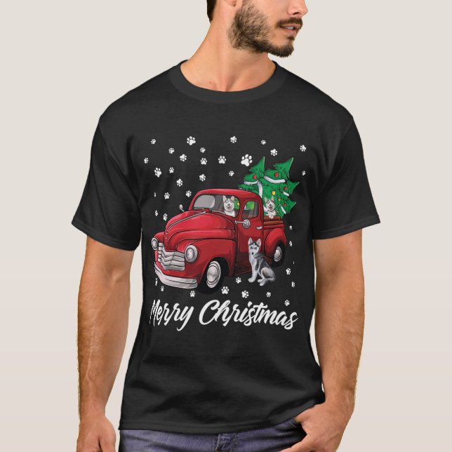 Red Truck Merry Christmas Tree Siberian Husky Dog  T-Shirt (Front)