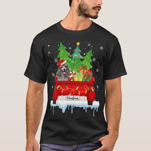 Red Truck Merry Christmas Tree Xmas Poodle Dog T-Shirt (Front)