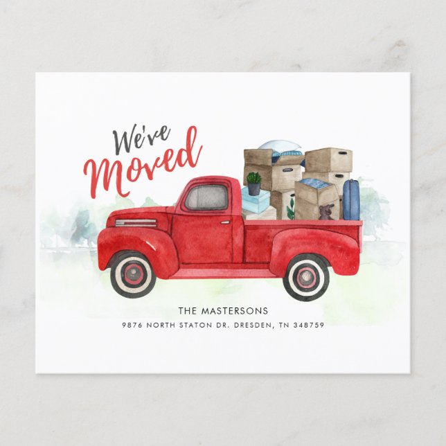 Red Truck Moving Home Address Announcement Card (Front)