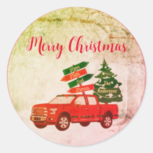 Red Truck Name Merry Retro Vintage Christmas Classic Round Sticker