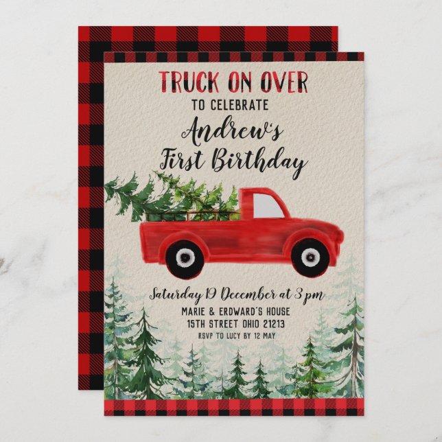 Red truck on over birthday party invitation (Front/Back)