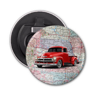 Red Truck On Road Map Bottle Opener