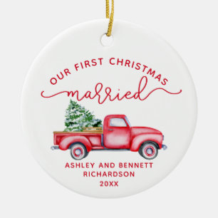 Red Truck Our First Christmas Married Photo  Ceramic Tree Decoration