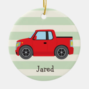Red Truck; Pastel Green Stripes Ceramic Tree Decoration