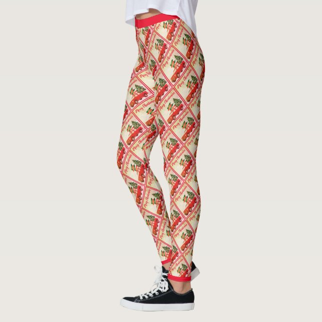 Red Truck Pattern Trendy Stylish Merry Christmas Leggings (Left)