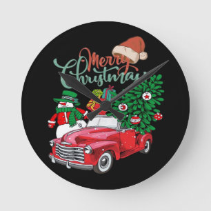 Red Truck Pickup Christmas Tree Merry Christmas Sn Round Clock