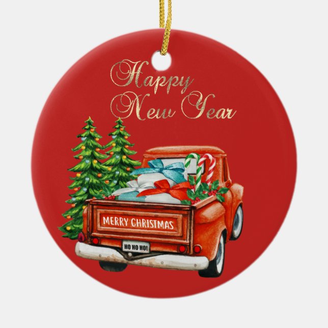 Red Truck Pine Tree Christmas Ceramic Tree Decoration (Front)
