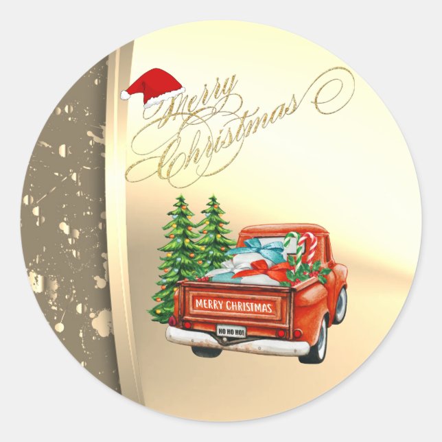 Red Truck Pine Tree Christmas  Faux Gold Classic Round Sticker (Front)