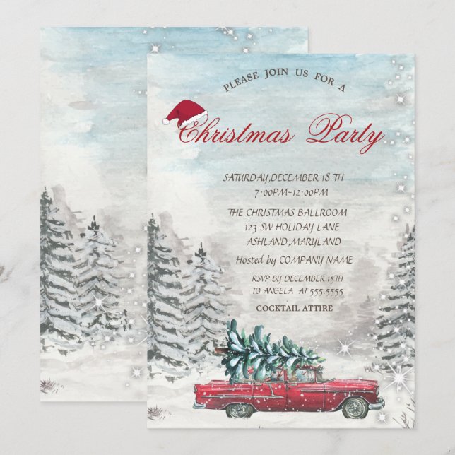 Red Truck Pine Tree Forest Christmas  Invitation (Front/Back)