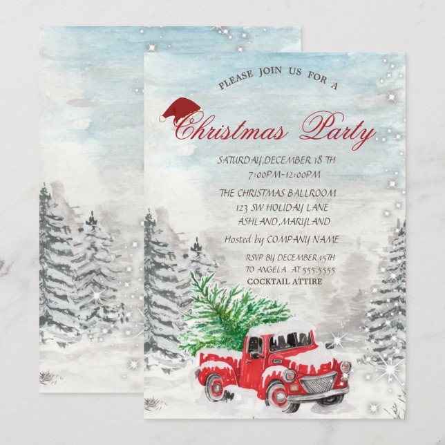 Red Truck Pine Tree Forest Christmas  Invitation (Front/Back)