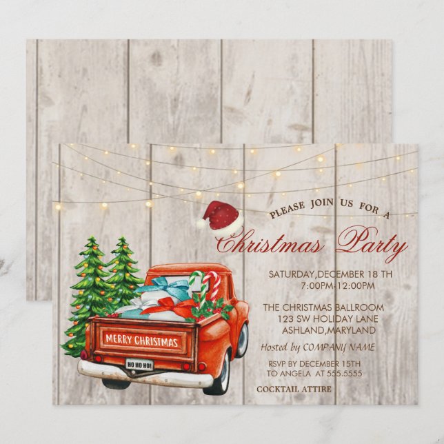 Red Truck Pine Tree,Lights Wood Christmas Party Invitation (Front/Back)
