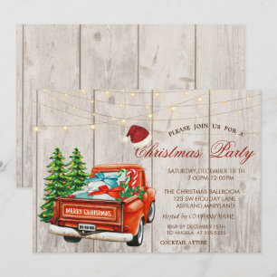 Red Truck Pine Tree,Lights Wood Christmas Party Invitation