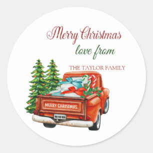 Red Truck Pine Tree Merry Christmas Classic Round Sticker