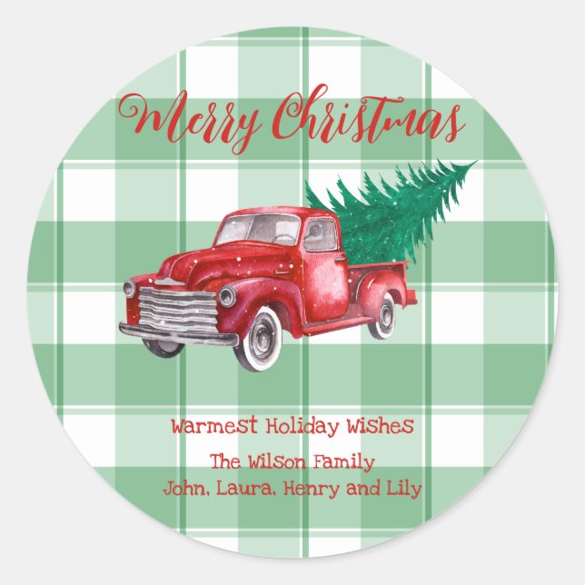 Red Truck Pine Tree Merry Christmas Green Gingham Classic Round Sticker (Front)