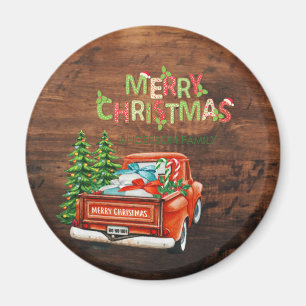 Red Truck Pine Tree Merry Christmas Wood Magnet