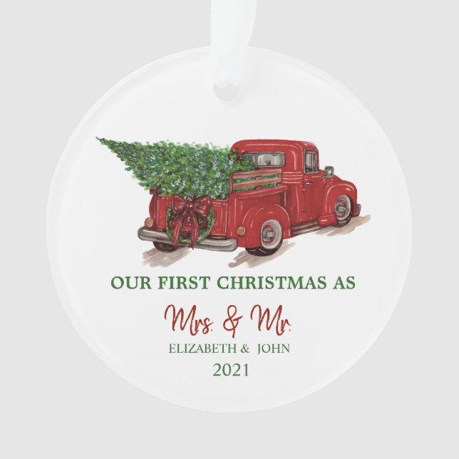 Red Truck Pine Tree Our First Christmas Holiday Ornament (Front)