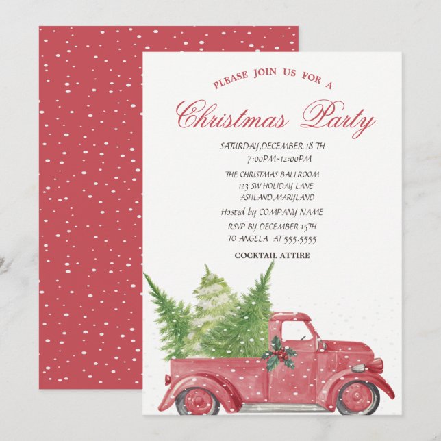 Red Truck Pine Tree Snow Christmas Party Invitation (Front/Back)