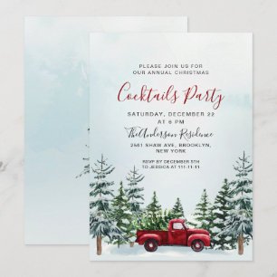 Red Truck Pine Trees Christmas Cocktails Party Invitation