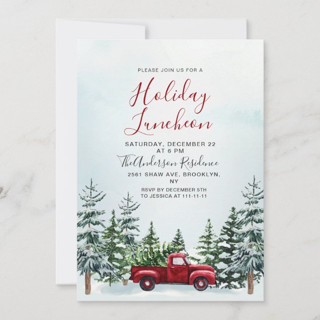 Red Truck Pine Trees Christmas Holiday Luncheon Invitation (Front)