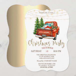 Red Truck Pine Trees,Lights Gold Christmas Party Invitation