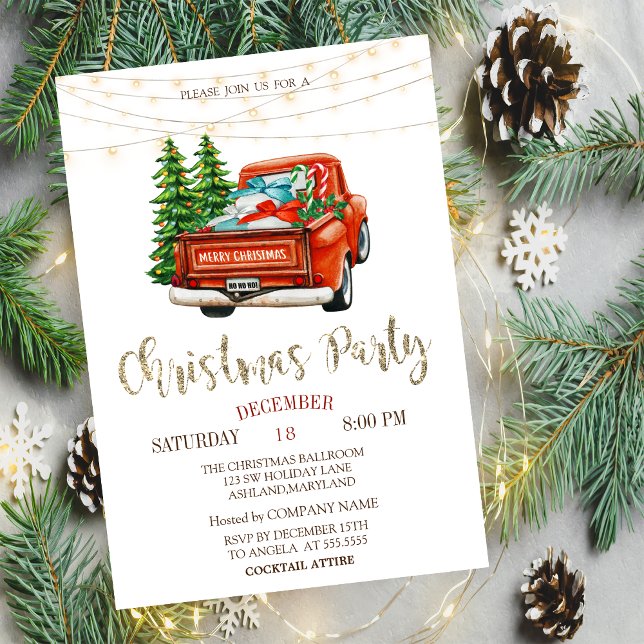 Red Truck Pine Trees,Lights Wood Christmas Party Invitation (Creator Uploaded)
