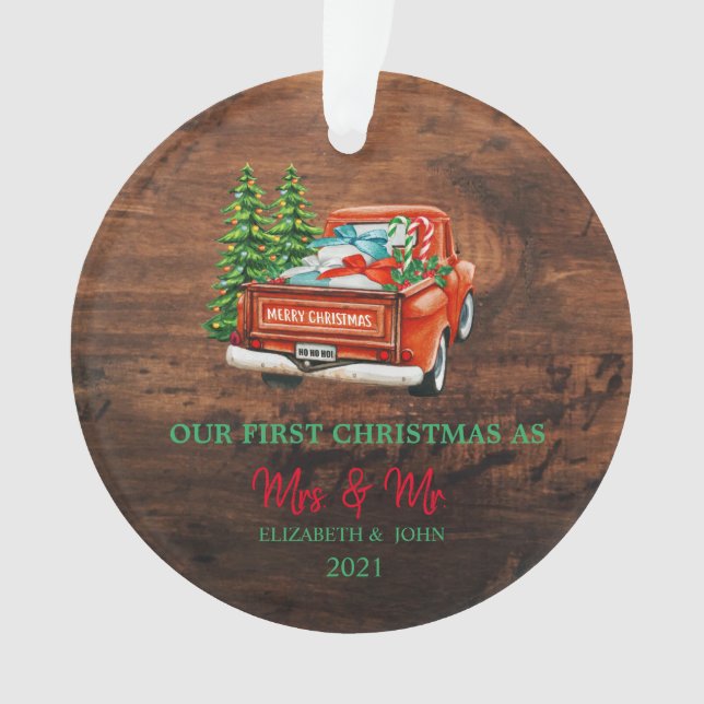 Red Truck Pine Trees Our First Christmas Wood Ornament (Front)