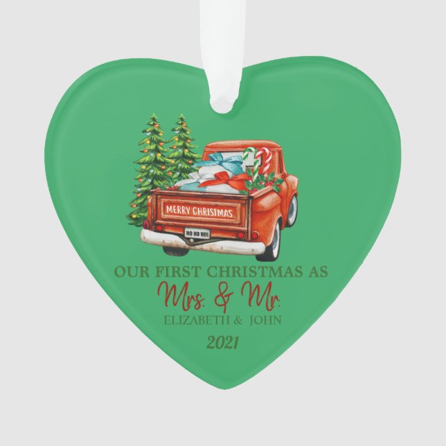 Red Truck Pine Trees Presents Our First Christmas Ornament (Front)