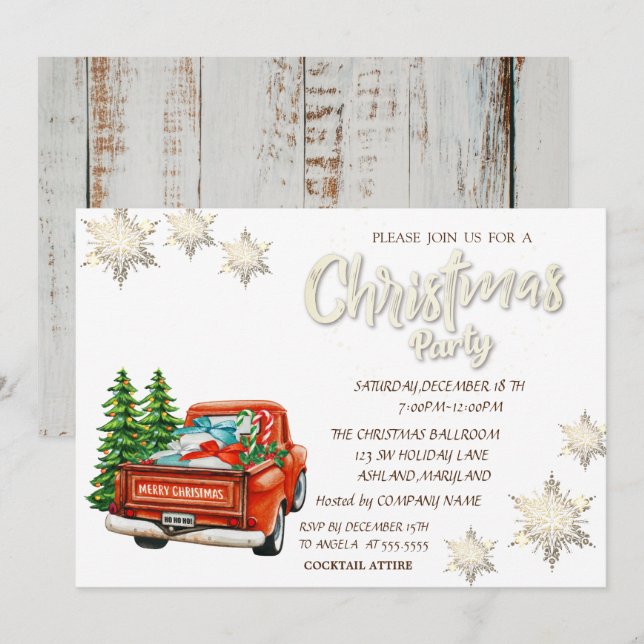 Red Truck Pine Trees Snowflakes Wood Christmas Invitation (Front/Back)