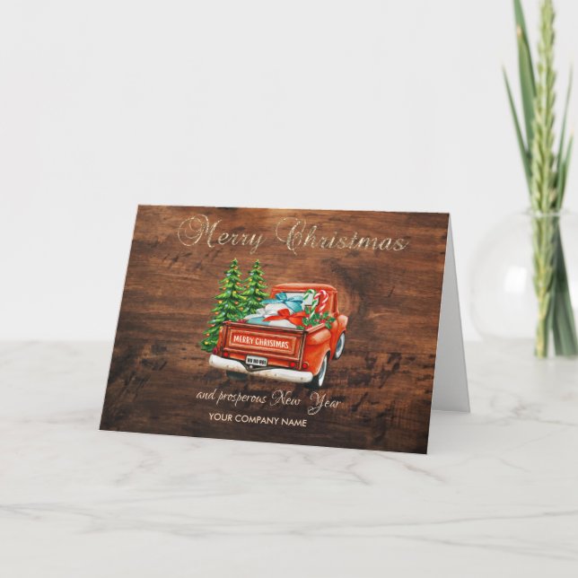 Red Truck Pine Trees Wood Greeting Holiday Card (Front)