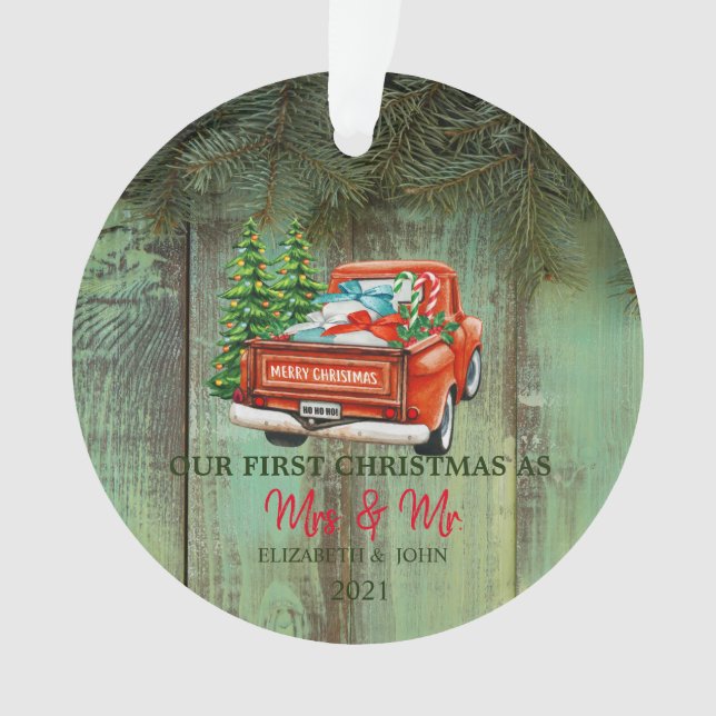 Red Truck Pine Trees,Wood, Our First Christmas Ornament (Front)