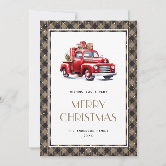 Red Truck Plaid Merry Christmas Card (Front)