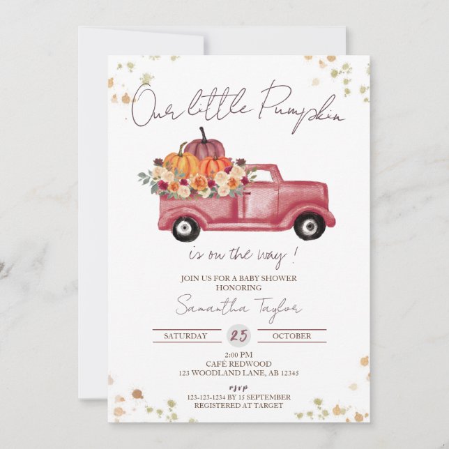 Red Truck, Pumpkin Baby Shower, Fall Pink Floral Invitation (Front)