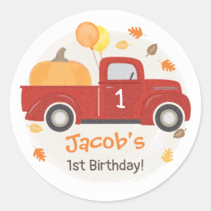 Red Truck Pumpkin & Leaves Fall 1st Birthday Boy Classic Round Sticker