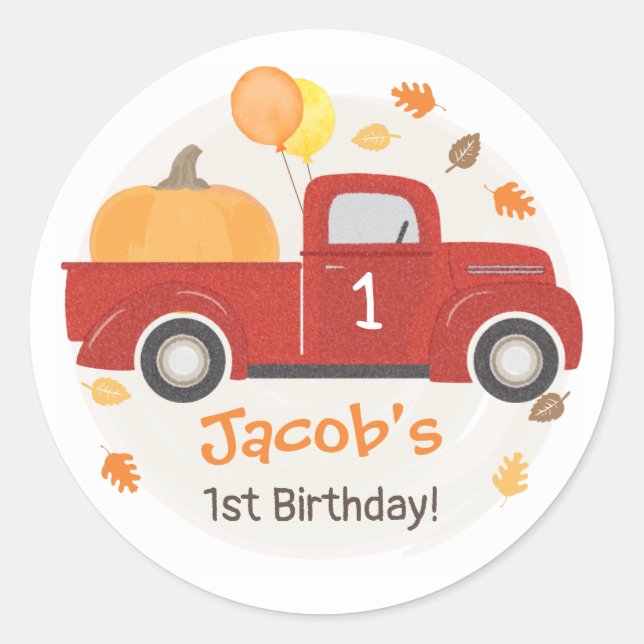 Red Truck Pumpkin & Leaves Fall 1st Birthday Boy Classic Round Sticker (Front)