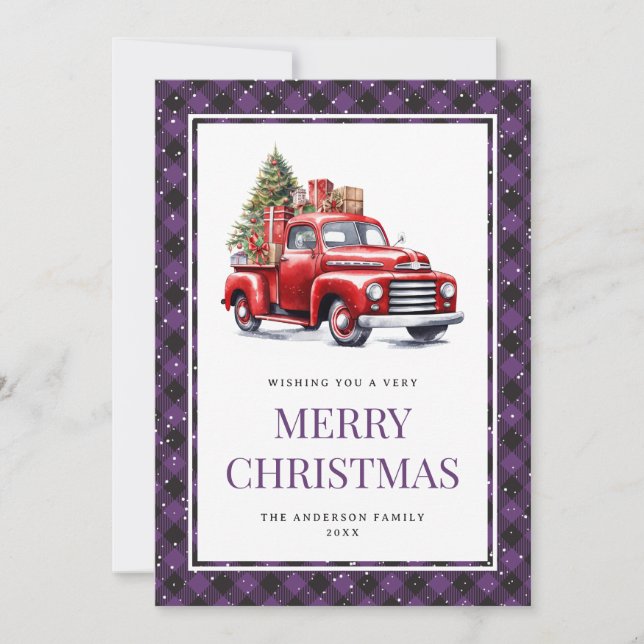 Red Truck Purple Buffalo Plaid Christmas Holiday Card (Front)