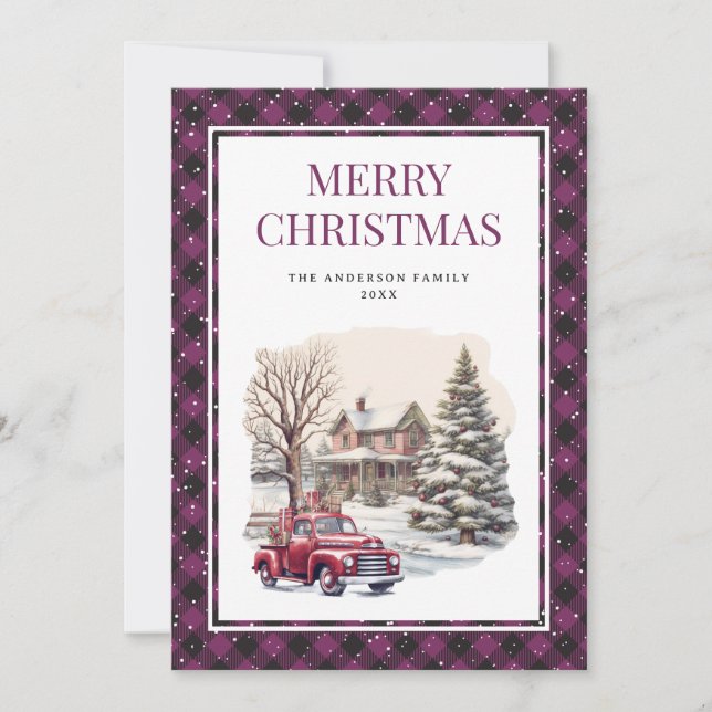 Red Truck Purple Buffalo Plaid Merry Christmas Holiday Card (Front)