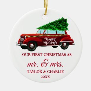 Red Truck Red Brush Script First Christmas Ceramic Tree Decoration