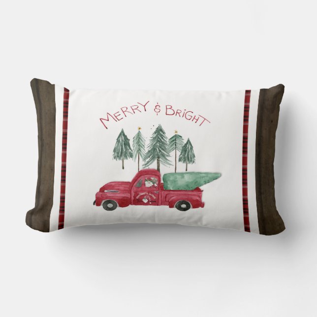 Red Truck Rustic Merry Bright Plaid Gnome Farm Lumbar Cushion (Front)