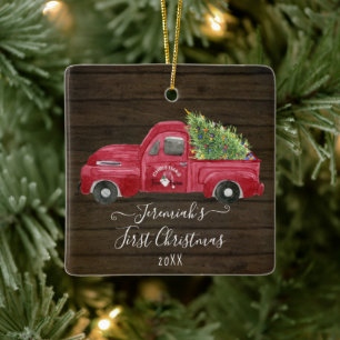 Red Truck Rustic Wood Baby Christmas Tree Photo Ceramic Ornament