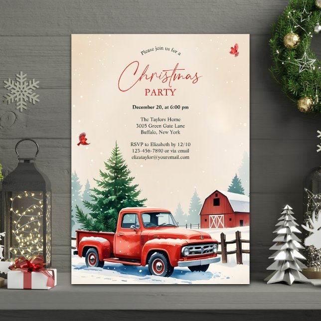 Red Truck Snowy Barn Rustic Christmas Party Invitation (Personalized Rustic Christmas Party Invitation – Red Vintage Truck, Snowy Farm & Barn)