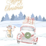 Red Truck Stuck in Snow Snowman Trees Thank You Card<br><div class="desc">Christmas card with a red truck stuck in the snow with a snowwoman and trees. Personalise your message inside the card.</div>