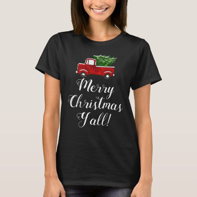 Red Truck Tree Merry Christmas Yall Country Funny T-Shirt (Front)