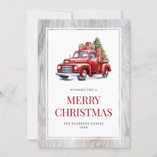 Red Truck Tree Rustic Wood Merry Christmas Card