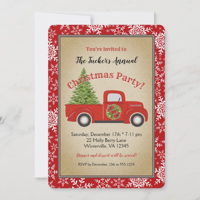 Red Truck Tree & Snowflakes Rustic Christmas Party Invitation (Front)