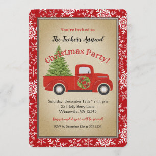 Red Truck Tree & Snowflakes Rustic Christmas Party Invitation
