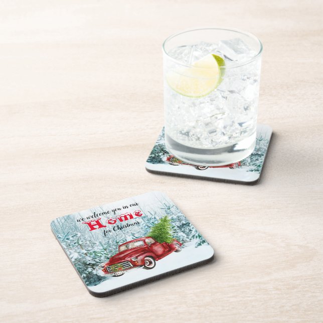 Red Truck Tree Winter Scene Coaster (Right Side)