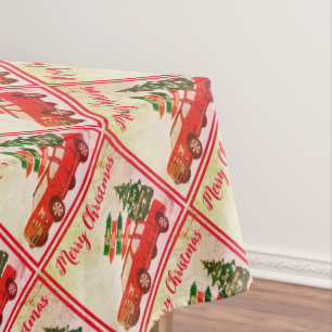 Red Truck Tree Woodland Vintage Merry Christmas Tablecloth